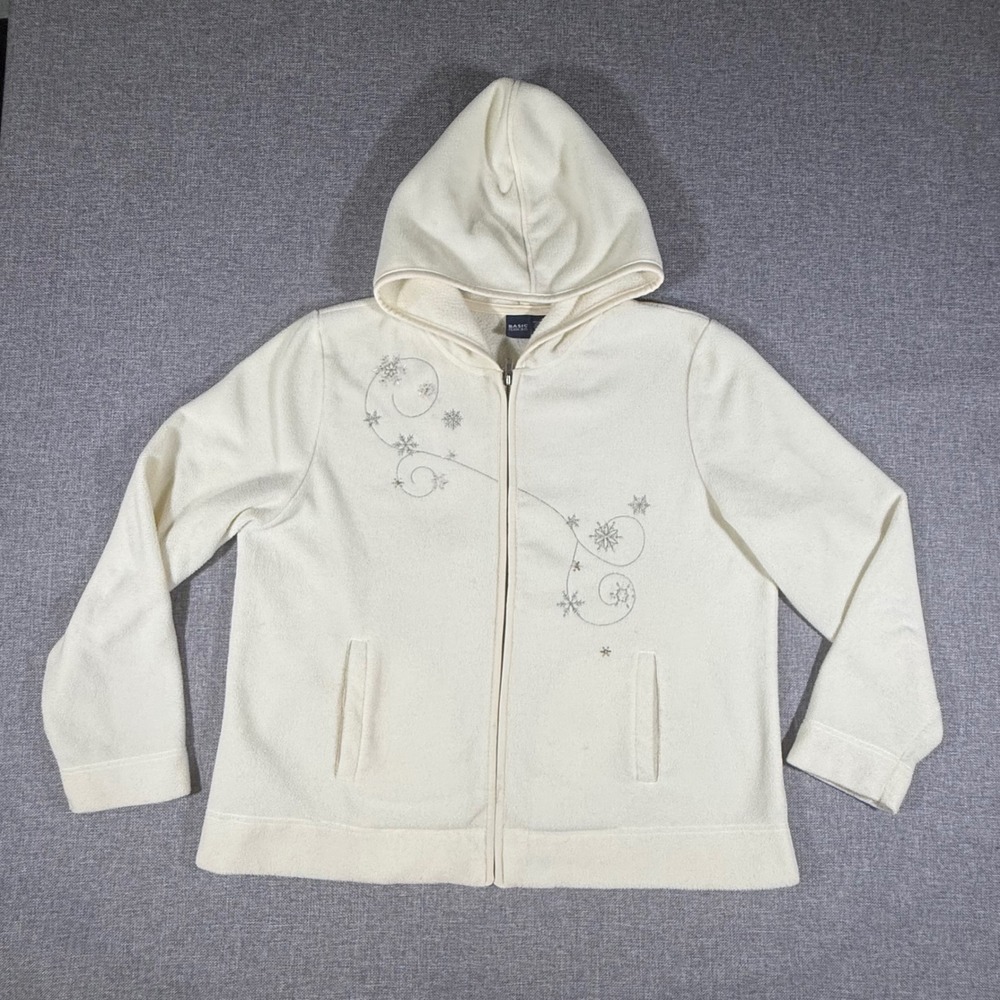 VTG Basic Editions Fleece Hoodie Women Large White Winter Snowflake Zip Jacket